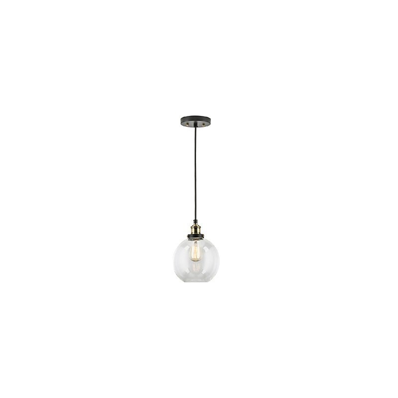 Lampada a sospensione industriale in ottone anticato con paralume in vetro trasparente