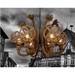 Lampadario a sospensione rustico americano in corda di canapa e ferro d'epoca