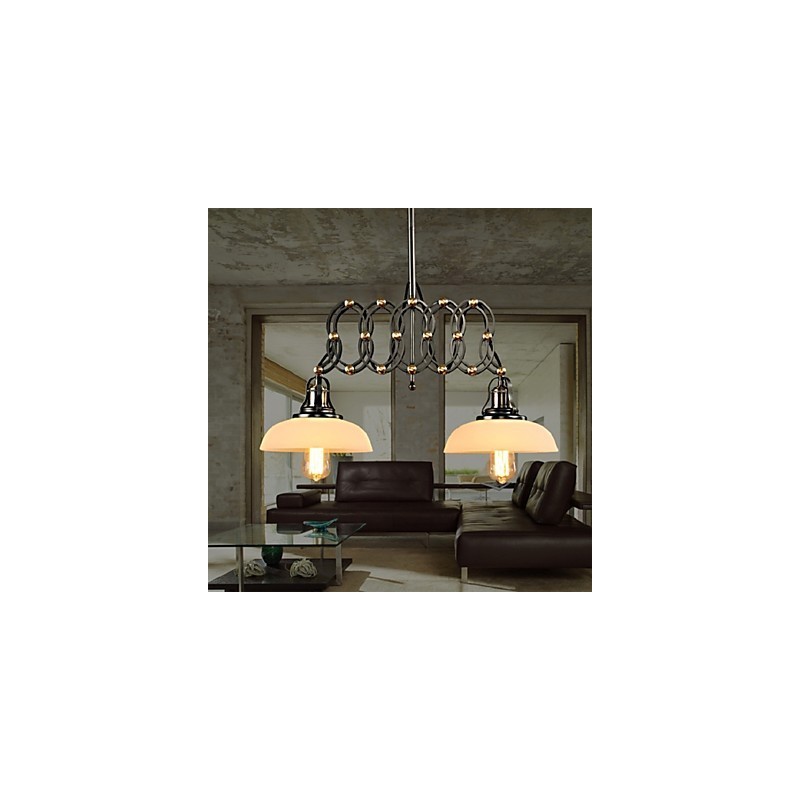 Lampadario a sospensione vintage Stretch industriale lineare in metallo nero e vetro bianco, 2 luci