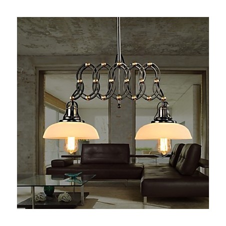 Lampadario a sospensione vintage Stretch industriale lineare in metallo nero e vetro bianco, 2 luci