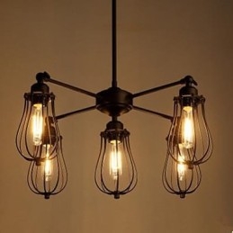 Lampada a sospensione industriale vintage in ferro battuto nera a 5 teste