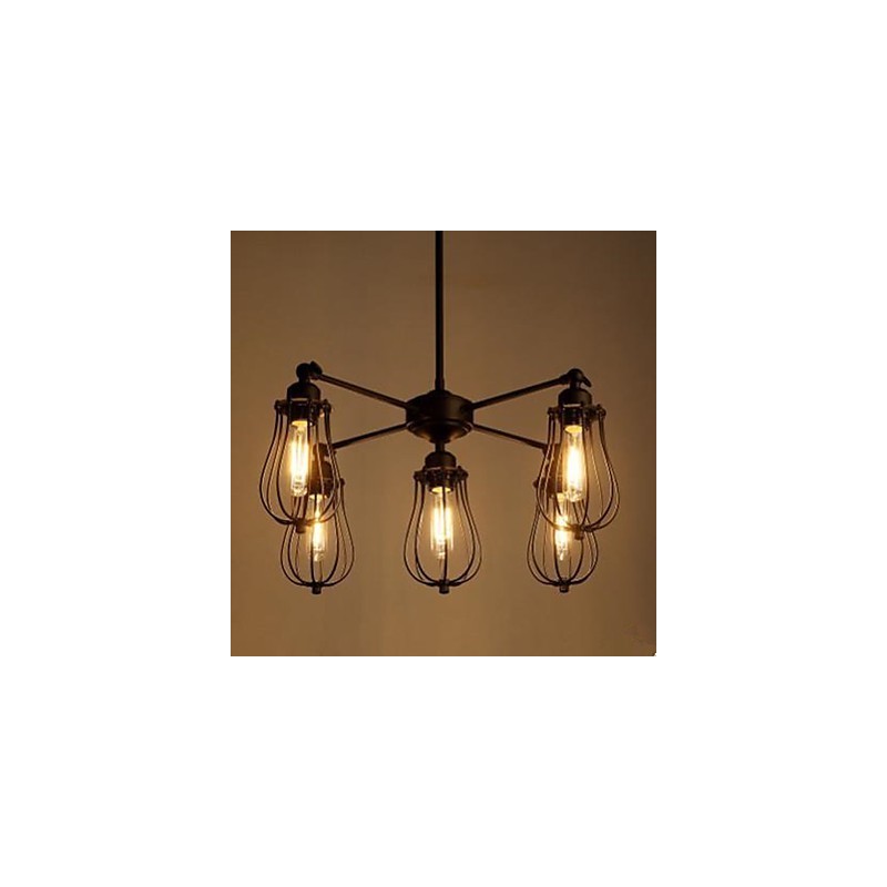 Lampada a sospensione industriale vintage in ferro battuto nera a 5 teste