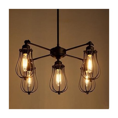 Lampada a sospensione industriale vintage in ferro battuto nera a 5 teste