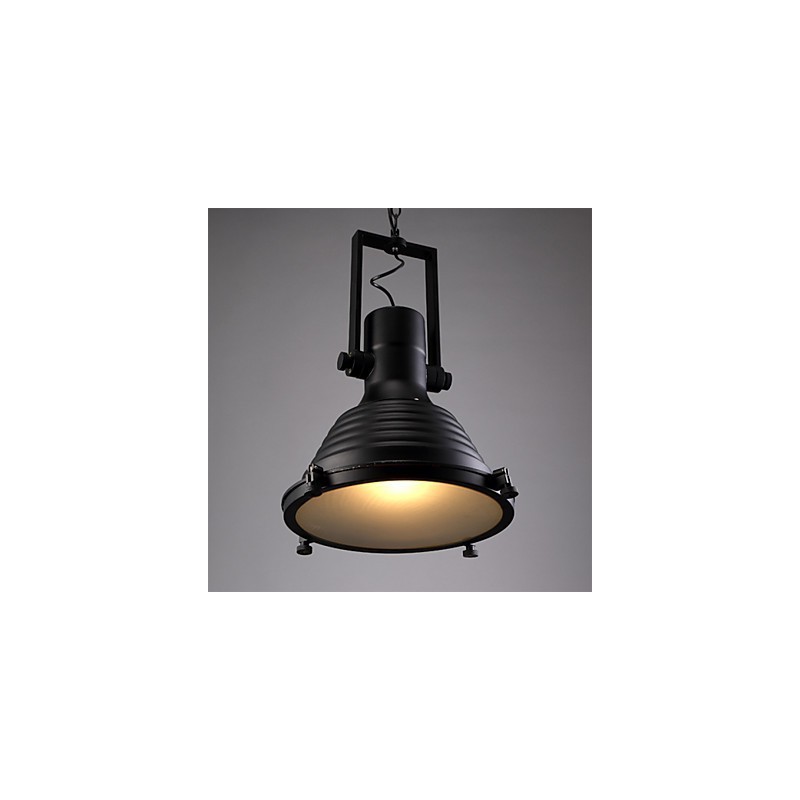Lampadario a sospensione retrò in ferro nero con paralume in vetro