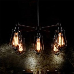 Lampada a sospensione industriale vintage in ferro battuto nera a 5 teste