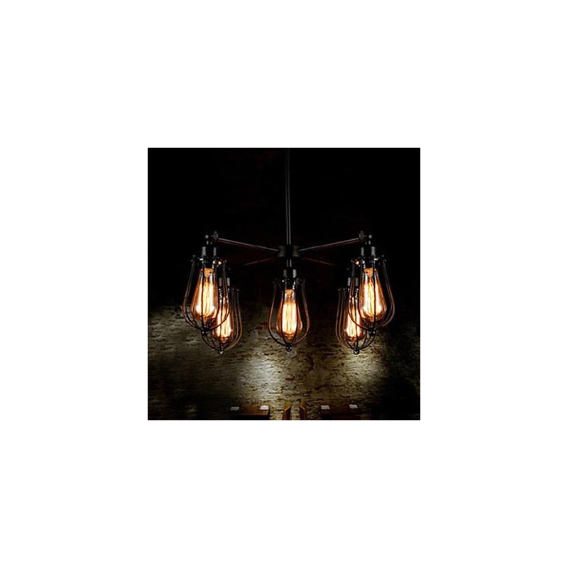 Lampada a sospensione industriale vintage in ferro battuto nera a 5 teste