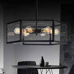 Lampada a sospensione retrò Mini Style in metallo nero e vetro trasparente, 3 luci