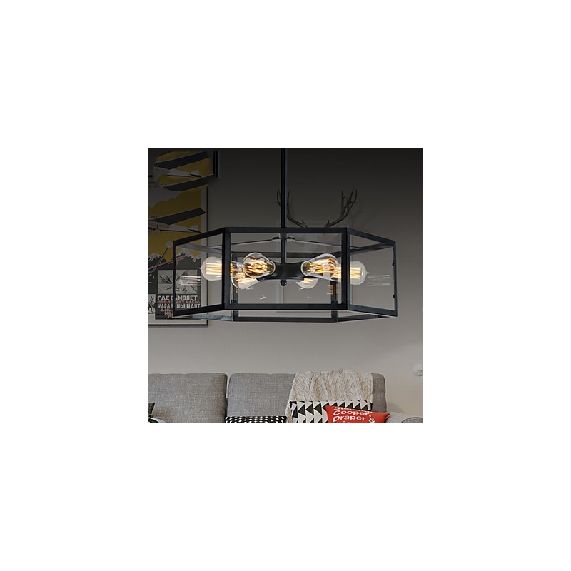 Lampada a sospensione retrò Mini Style in metallo nero e vetro trasparente, 3 luci