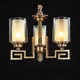 Lampada a sospensione stile cinese in rame, finitura dorata, paralume in vetro beige, 3 luci