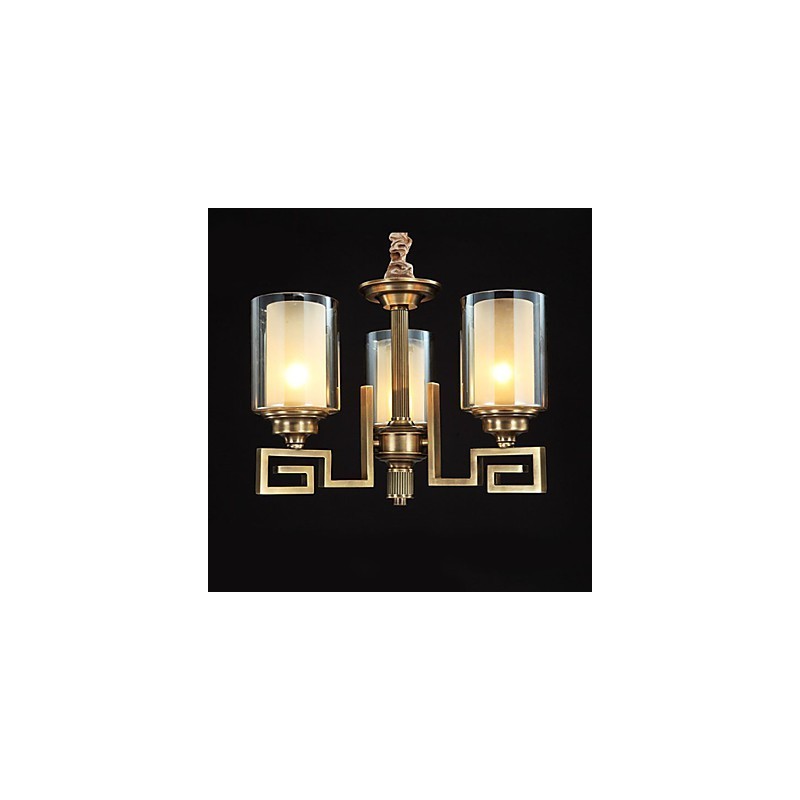 Lampada a sospensione stile cinese in rame, finitura dorata, paralume in vetro beige, 3 luci