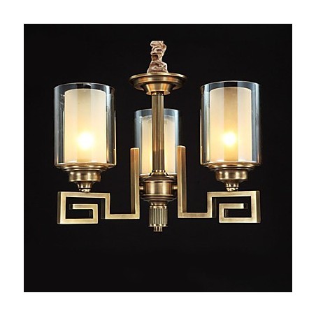 Lampada a sospensione stile cinese in rame, finitura dorata, paralume in vetro beige, 3 luci