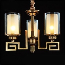 Lampada a sospensione stile cinese in rame, finitura dorata, paralume in vetro beige, 3 luci