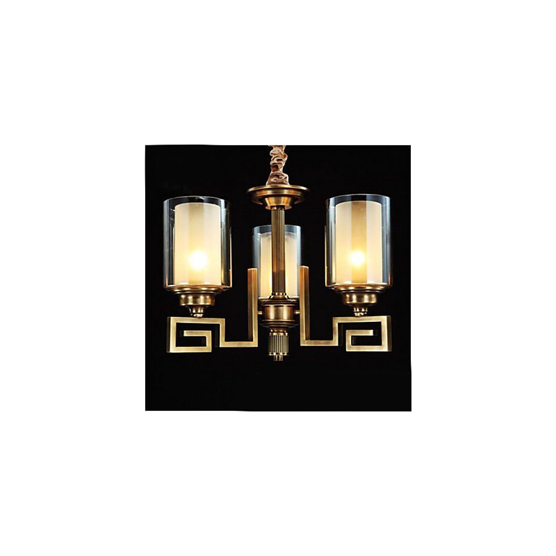 Lampada a sospensione stile cinese in rame, finitura dorata, paralume in vetro beige, 3 luci