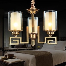 Lampada a sospensione stile cinese in rame, finitura dorata, paralume in vetro beige, 3 luci