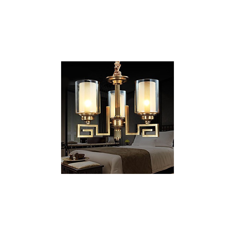 Lampada a sospensione stile cinese in rame, finitura dorata, paralume in vetro beige, 3 luci