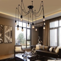 Lampadario vintage nero 10 luci con lampadine incluse, sospensione regolabile