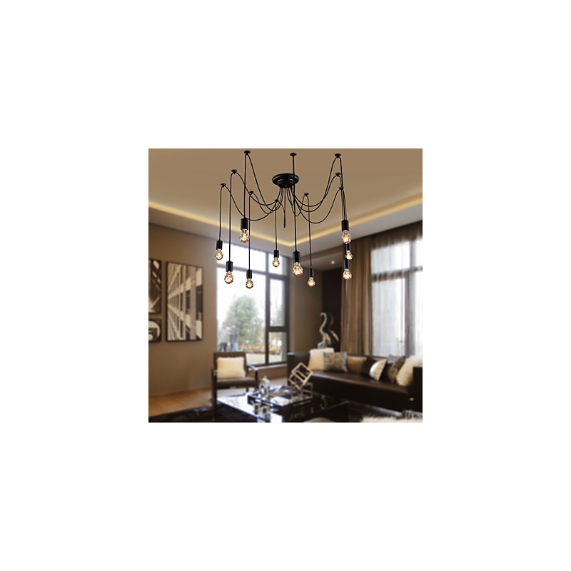 Lampadario vintage nero 10 luci con lampadine incluse, sospensione regolabile