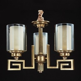 Lampada a sospensione stile cinese in rame, finitura dorata, paralume in vetro beige, 3 luci