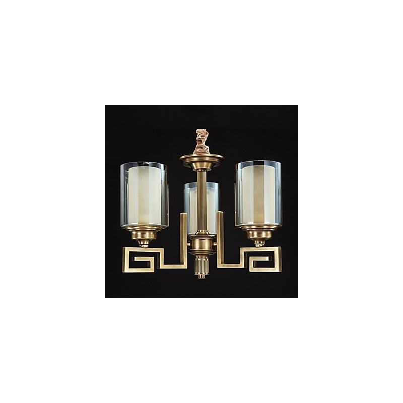 Lampada a sospensione stile cinese in rame, finitura dorata, paralume in vetro beige, 3 luci