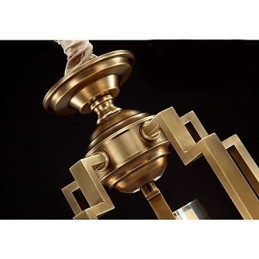 Lampada a sospensione stile cinese in rame, finitura dorata, paralume in vetro beige, 3 luci