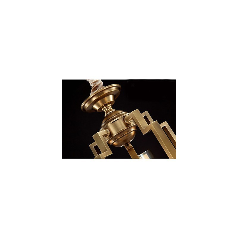 Lampada a sospensione stile cinese in rame, finitura dorata, paralume in vetro beige, 3 luci