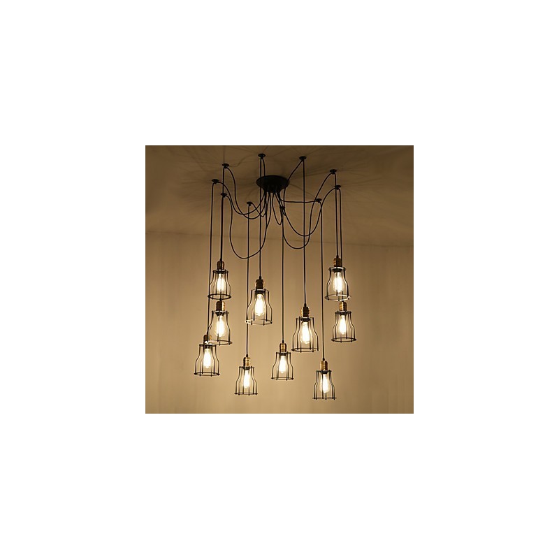 Lampadario a sospensione vintage Edison regolabile multiplo, 10 luci, metallo, stile industriale
