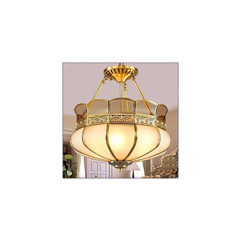Lampada da soffitto semi-incassata classica in rame, 5 luci, paralume in vetro bianco