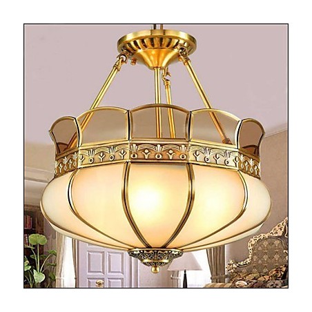 Lampada da soffitto semi-incassata classica in rame, 5 luci, paralume in vetro bianco