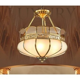 Lampada da soffitto semi-incassata classica in rame, 5 luci, paralume in vetro bianco