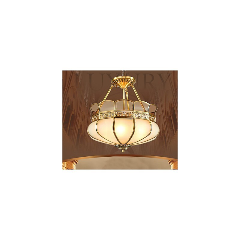 Lampada da soffitto semi-incassata classica in rame, 5 luci, paralume in vetro bianco