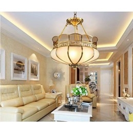 Lampada da soffitto semi-incassata classica in rame, 5 luci, paralume in vetro bianco