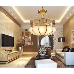 Lampada da soffitto semi-incassata classica in rame, 5 luci, paralume in vetro bianco