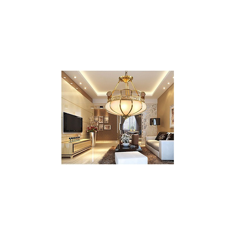 Lampada da soffitto semi-incassata classica in rame, 5 luci, paralume in vetro bianco