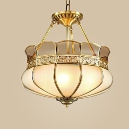 Lampada da soffitto semi-incassata classica in rame, 5 luci, paralume in vetro bianco