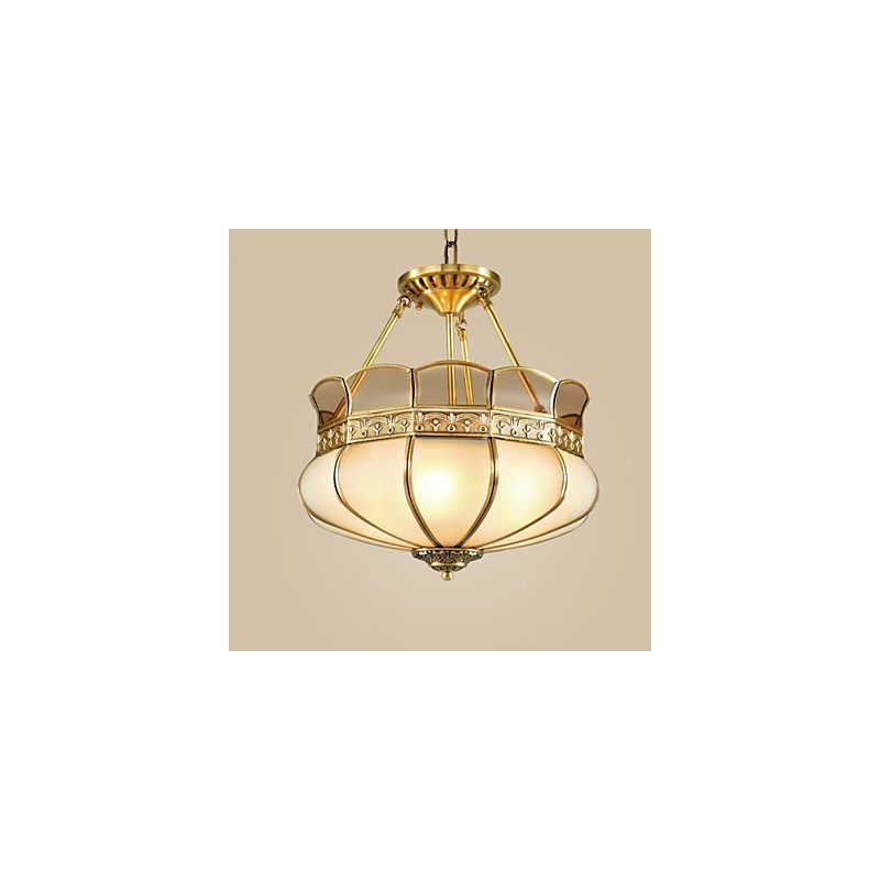 Lampada da soffitto semi-incassata classica in rame, 5 luci, paralume in vetro bianco