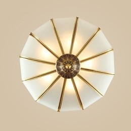 Lampada da soffitto semi-incassata classica in rame, 5 luci, paralume in vetro bianco