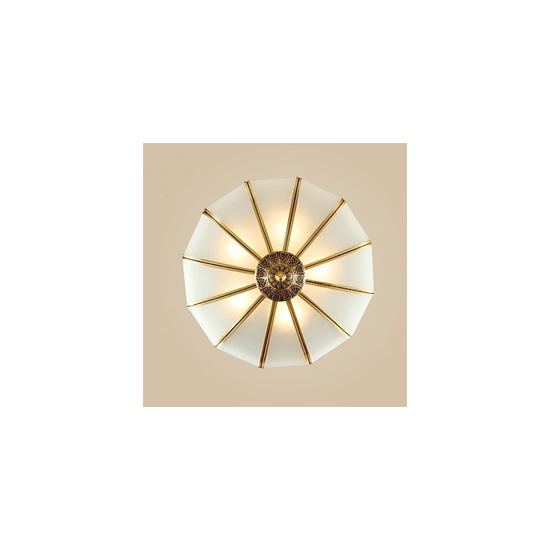Lampada da soffitto semi-incassata classica in rame, 5 luci, paralume in vetro bianco