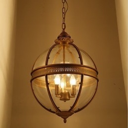 Lampadario a sospensione in ferro e bronzo con paralume in vetro trasparente