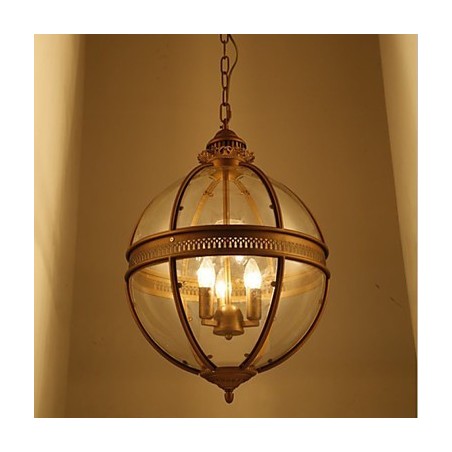 Lampadario a sospensione in ferro e bronzo con paralume in vetro trasparente