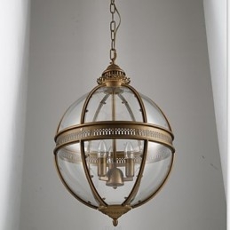 Lampadario a sospensione in ferro e bronzo con paralume in vetro trasparente