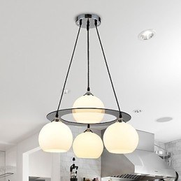 Lampada a sospensione moderna in vetro bianco, 4 luci E26/E27, catena regolabile