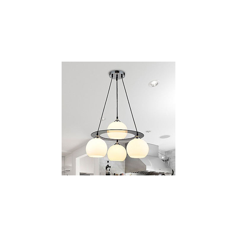 Lampada a sospensione moderna in vetro bianco, 4 luci E26/E27, catena regolabile