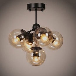 Lampadario retrò 5 luci in metallo nero con sfere in vetro per esterno e garage