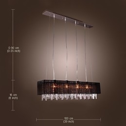 Lampada a sospensione moderna in metallo argentato con cristalli, paralume nero, 100 cm