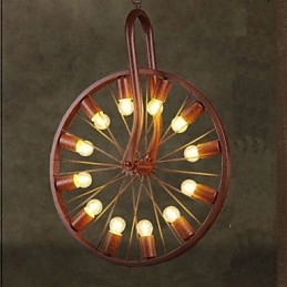 Lampada a sospensione industriale retrò con ruota, 3 luci E26/E27, marrone