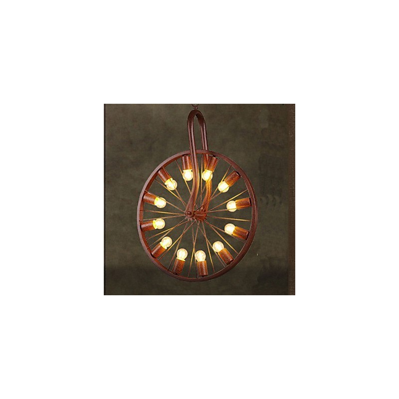 Lampada a sospensione industriale retrò con ruota, 3 luci E26/E27, marrone