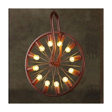 Lampada a sospensione industriale retrò con ruota, 3 luci E26/E27, marrone