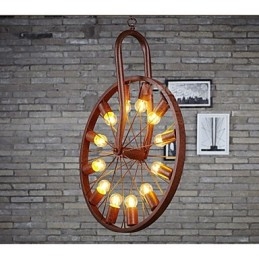 Lampada a sospensione industriale retrò con ruota, 3 luci E26/E27, marrone