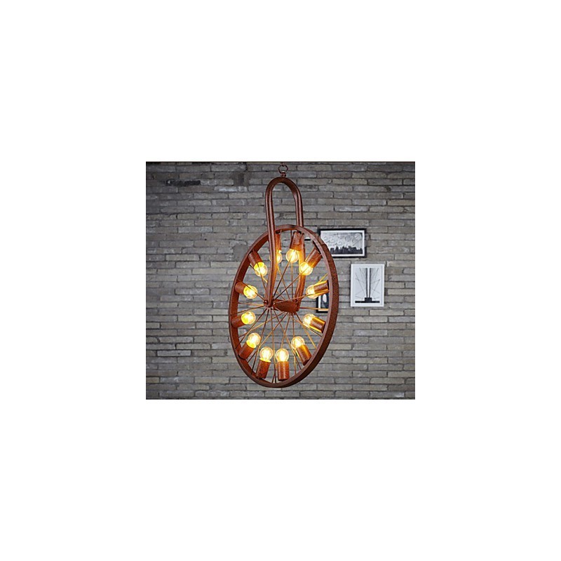 Lampada a sospensione industriale retrò con ruota, 3 luci E26/E27, marrone
