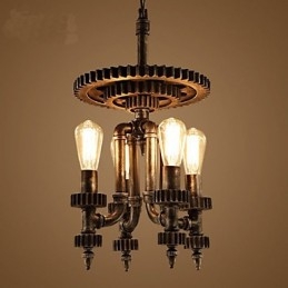 Lampada a sospensione retrò in metallo con ingranaggi meccanici, grigia, 3 luci E26/E27
